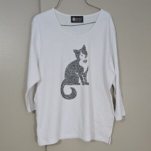 Christine Alexander White Cat Graphic Long Sleeve Top Size XL